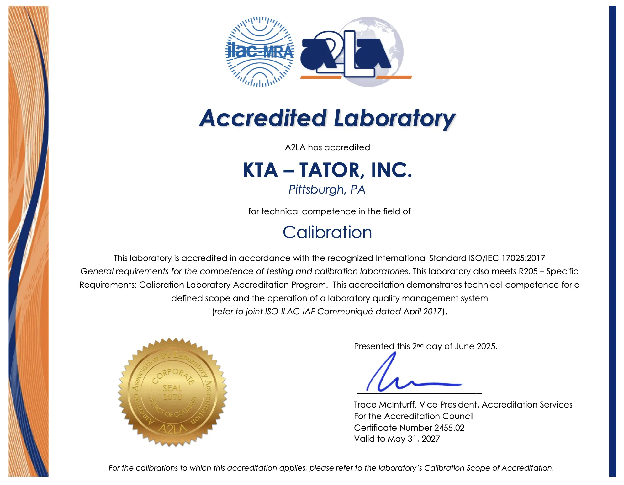 KTAGage A2LA ISO 17025 Certification